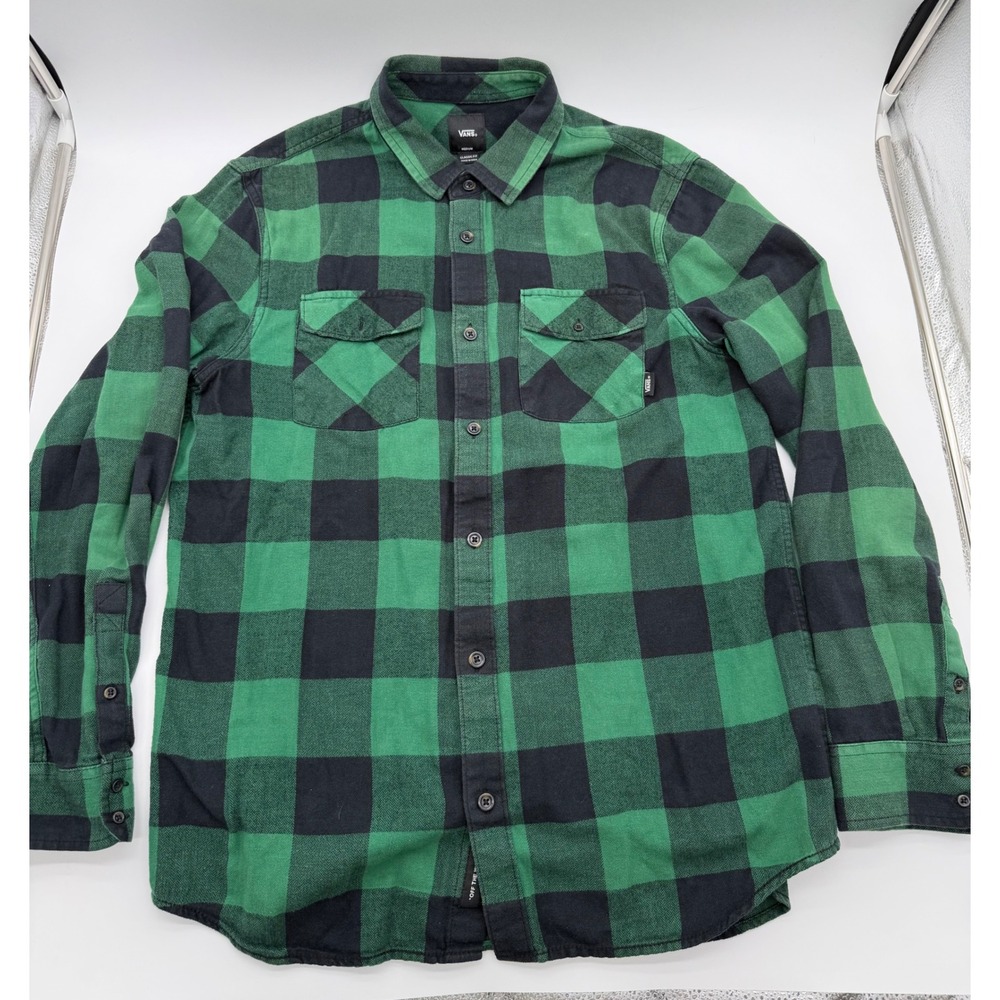 Vans Mens Green Black Buffalo Plaid Flannel Shirt Classic Fit Medium Button Up